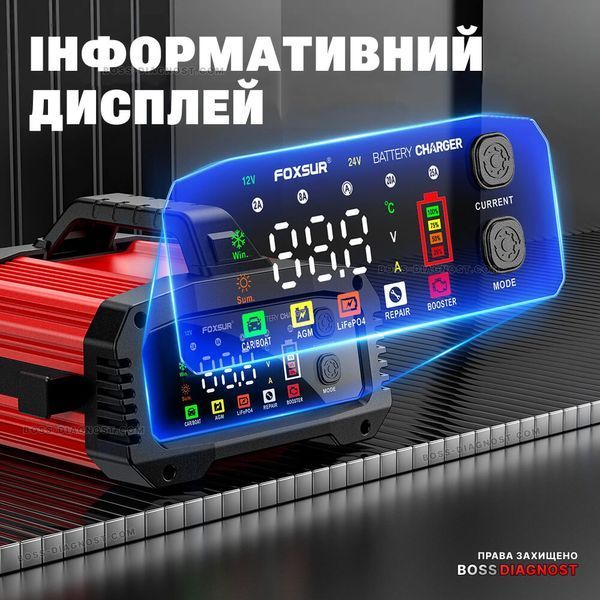 Зарядний пристрій для акумуляторів Foxsur FPT-250 (12V 25A / 24V 15A, 6-400Ah), бустер, імпульсний, автоматичний, FPT-250 фото