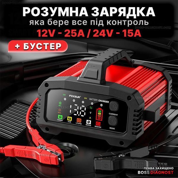 Зарядний пристрій для акумуляторів Foxsur FPT-250 (12V 25A / 24V 15A, 6-400Ah), бустер, імпульсний, автоматичний, FPT-250 фото