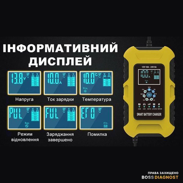 Foxsur FBC122410D зарядний пристрій для акумуляторів (12V 10A / 24V 5A, 6-180Ah) автоматичний, імпульсний FBC122410D фото